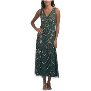 ADRIANNA PAPELL Sleeveless Beaded Tea Length Gown
